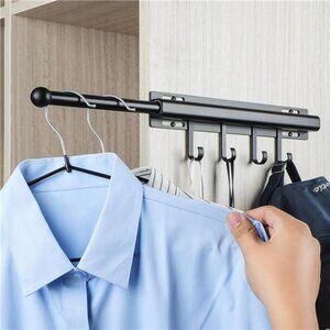 Black Closet Valet Rod 12 Inch Pull Out Clothes Hanger Rail with 4 Hooks Storage